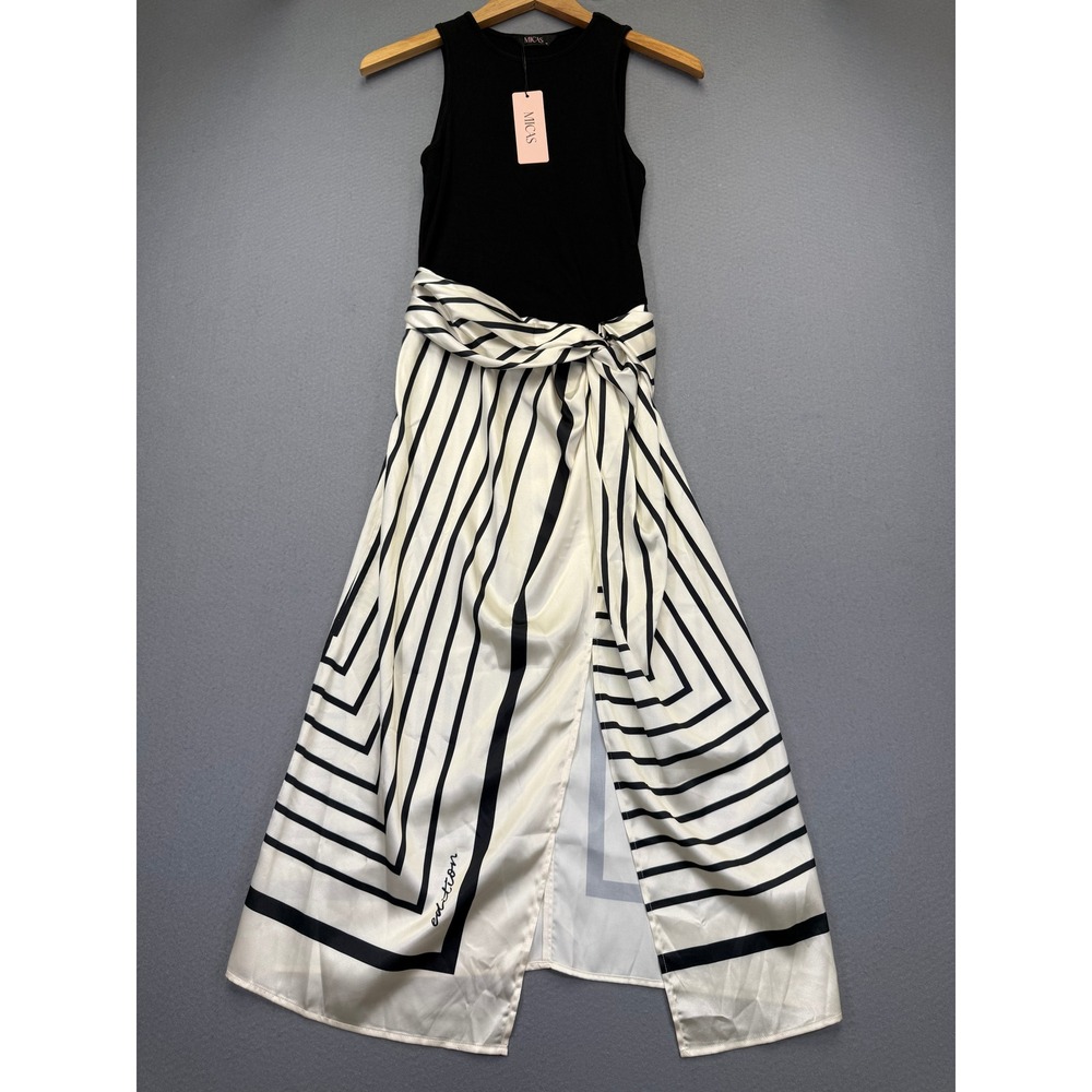 MICAS Women Black White Striped Mixed Media Sleeveless Maxi Dress Size M‎ NEW